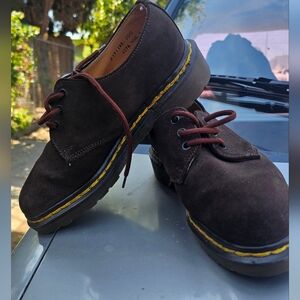 Dr. Martens Kids Brown Suede Dress Shoes with Yellow Stitching